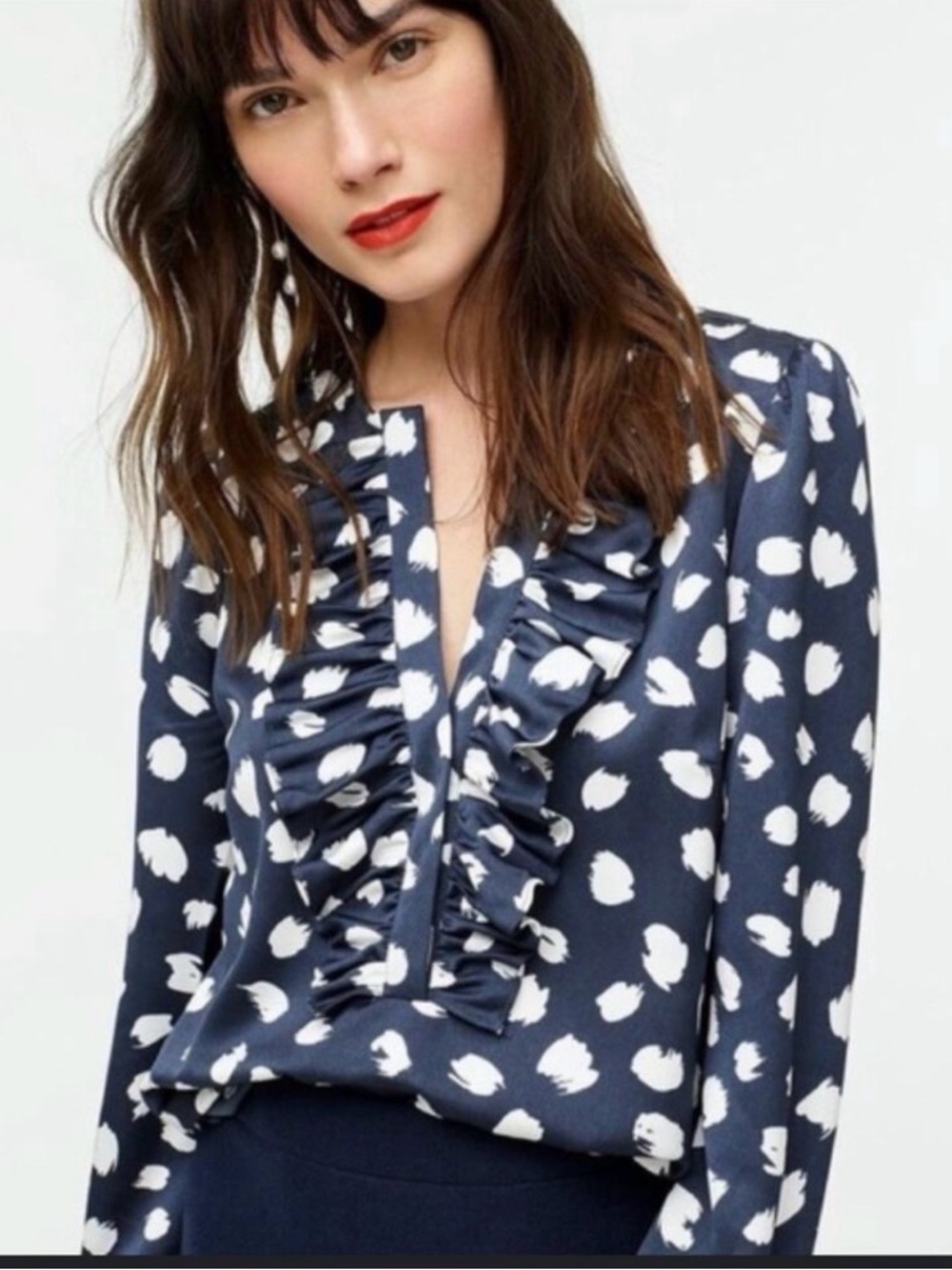 J. Crew Navy Ruffle V-Neck Blouse with White Spot Print